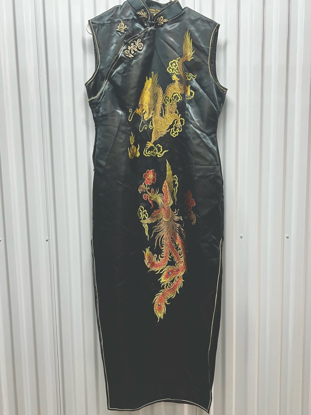 Black Satin Maxi Cheongsam Dress with Gold & Red Dragon Embroidery